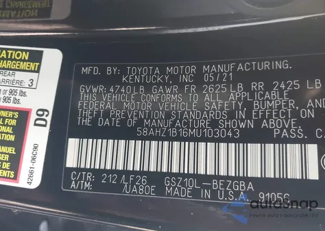 2021 Lexus Es 350 Base/350 Luxury/350 Ultra Luxury/350 F Sport z USA, uszkodzony, nr VIN 58AHZ1B16MU103043